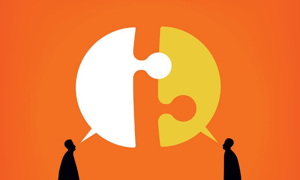 Two people connected through communication — illustration